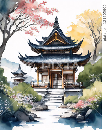 A serene Japanese pagoda stands amidst blooming cherry blossom trees, reflecting in a tranquil pond, with misty mountains in the background 121505909