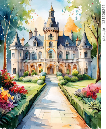 A majestic castle with intricate architectural details, surrounded by lush gardens and vibrant flowers, depicted in a watercolor style 121506243