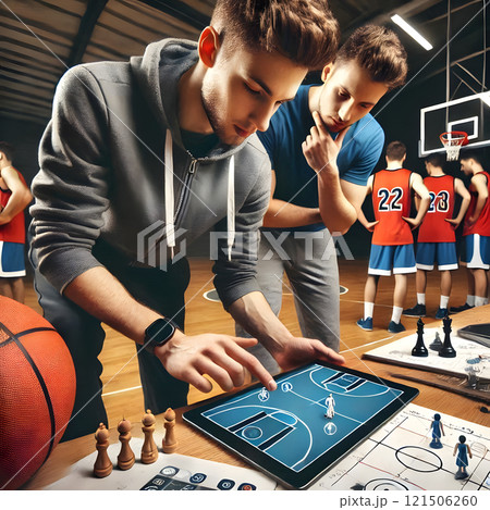 Coaches strategize using a tablet and chess pieces on a basketball court, while players in red jerseys wait in the background 121506260