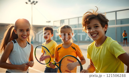 Children holding tennis rackets on a court engaging in a sports activity under bright sunlight 121506288