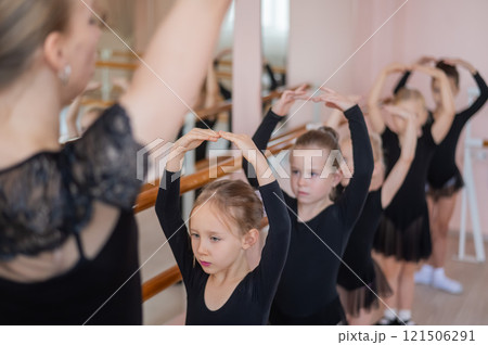 Children's ballet school. Caucasian woman teaching ballet to little girls. Children's ballet school. Caucasian woman teaching ballet to little girls. 121506291