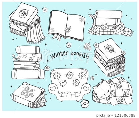 Groovy Retro Winter Bookish reading book Coloring Image Element Hand Drawn Doodle Clipart Set 121506589