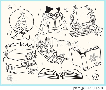 Groovy Retro Winter Bookish reading book outline Element Illustration Hand Drawn Doodle Clipart Set 121506591
