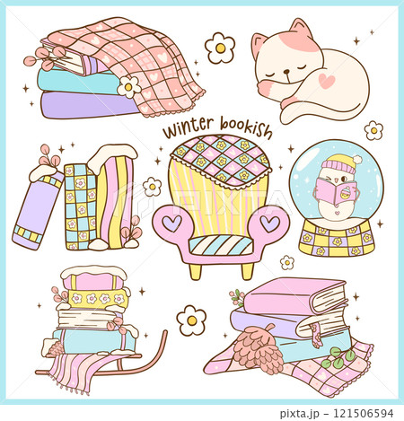 Group of Cute Groovy Retro Winter Bookish reading book Element Illustration Hand Drawn Doodle Clipart Set 121506594