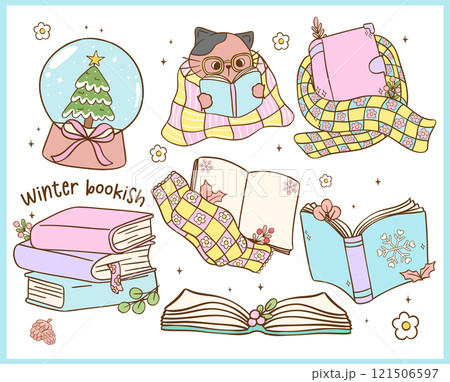 Pastel Groovy Retro Winter Bookish reading book Element Illustration Hand Drawn Doodle Clipart Set 121506597