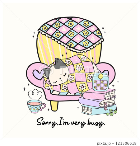 Cute Groovy Retro Winter Bookish Cat Sleeping on Cozy Sofa with Books Illustration Hand Drawn Doodle. Cute Groovy Retro Winter Bookish Cat Sleeping on Cozy Sofa with Books Illustration Hand Drawn Doodle. 121506619
