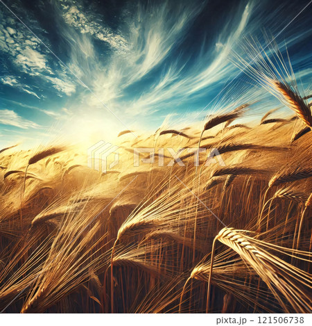 Golden wheat stalks sway in the wind under a dramatic sky, bathed in warm sunlight 121506738