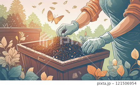 Vibrant digital art of hands tending to a lush garden box 121506954