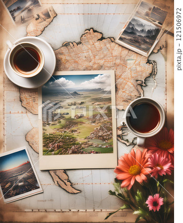 Vintage map with photos, coffee cups, and flowers. A nostalgic journey through time 121506972