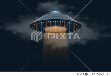 Alien spaceship emitting light beam in the sky. Ufo Uap concept, Unidentified Flying Object Saucer, Extraterrestrial visitors. 121507124