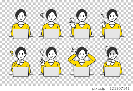 A set of middle-aged women with various expressions and poses while looking at a computer [People vector illustration material] 121507141