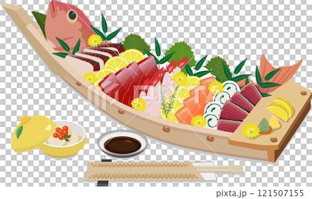 Seafood boat platter with small bowl of scallops and soy sauce 121507155