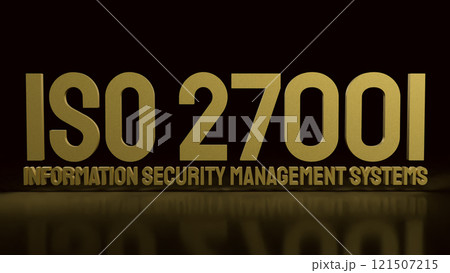 The Gold iso 27001 and gear on Black background 3d rendering. 121507215