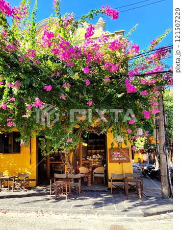 ベトナム：ホイアンの彩り豊かなカフェ - 花とともに楽しむひととき 121507229