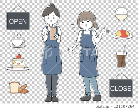 飲食店の店員と料理ドリンクセット（青） 121507264