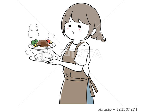 料理を運ぶ飲食店スタッフ（ブラウン） 121507271