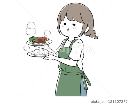 料理を運ぶ飲食店スタッフ（みどり） 121507272