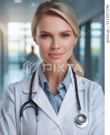 A confident female doctor in a white coat and stethoscope stands in a hospital hallway, exuding professionalism and expertise 121507296