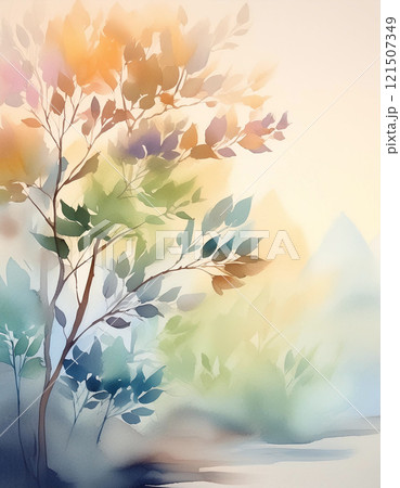 Watercolor painting of a tree with colorful leaves, overlooking a tranquil landscape Watercolor painting of a tree with colorful leaves, overlooking a tranquil landscape 121507349