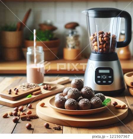 Chocolate energy balls on a plate, a blender with nuts and a glass of milk on a kitchen counter Chocolate energy balls on a plate, a blender with nuts and a glass of milk on a kitchen counter 121507367