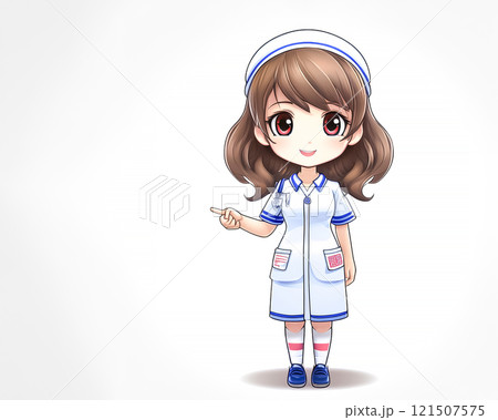 ちびキャラ　看護師の衣装を着た女性のイメージ素材　指さし 121507575