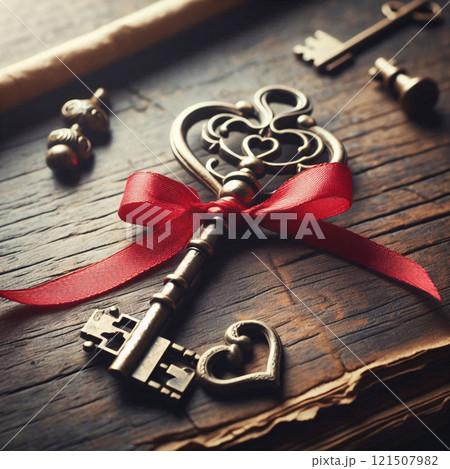 An ornate antique key with a red ribbon tied...のイラスト素材 [121507982] - PIXTA