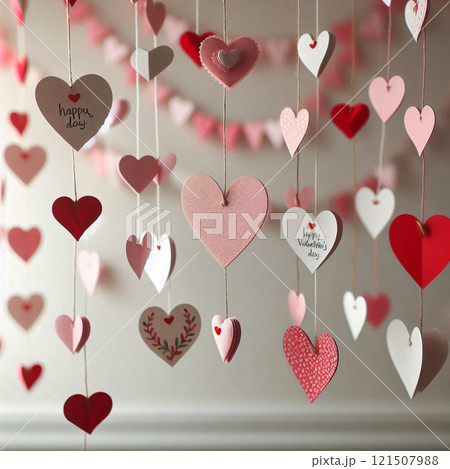 A festive Valentine's Day scene with hanging hearts, candles, and flowers 121507988