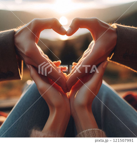 Hands forming a heart shape against a sunset background 121507991