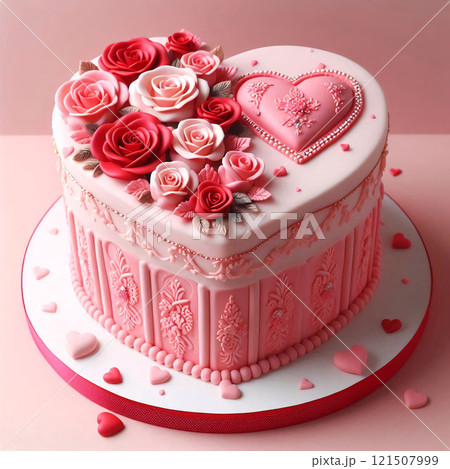 A heart-shaped cake decorated with pink frosting, red roses, and a pearl border A heart-shaped cake decorated with pink frosting, red roses, and a pearl border 121507999