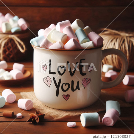 A mug filled with marshmallows sits on a table with the words "Love You" written on it 121508027