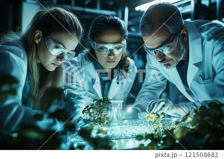 Diverse scientists collaborating on eco-innovation in a research hub. Generative AI Diverse scientists collaborating on eco-innovation in a research hub. Generative AI 121508682