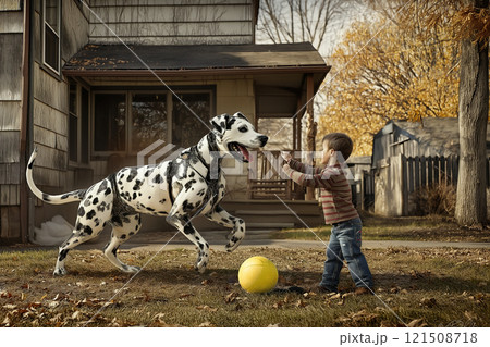 Robotic dog plays fetch with young boy in a backyard on a sunny day. Generative AI 121508718