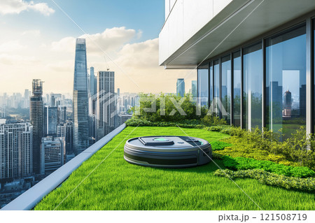 Robotic cleaner operates on a green roof in a vibrant urban environment. Generative AI 121508719