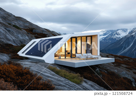 Scenic mountain lodge powered by renewable energy in a picturesque landscape 121508724