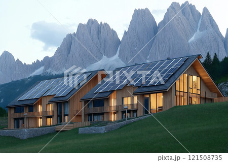 Scenic mountain lodge powered by renewable energy in a picturesque landscape 121508735