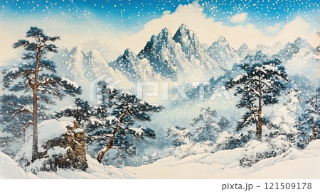 雪に覆われた山岳と松林を描いた伝統的な浮世絵風アートのイラスト素材