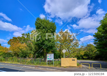 秋の神奈川県川崎市麻生区の五力田高尾根公園の入り口を見る 121509194