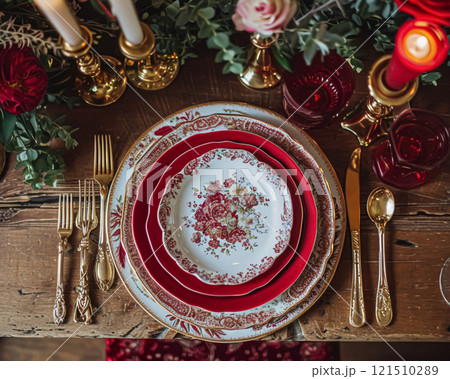 Festive table setting with candles and arrangement of beautiful red flowers. Holiday concept. High quality photo 121510289