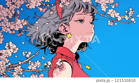 満開の桜の木下を歩く若い女性