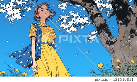 満開の桜の木下を歩く若い女性