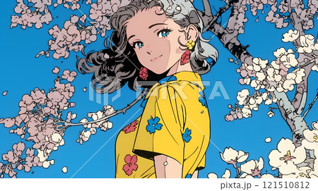 満開の桜の木下を歩く若い女性