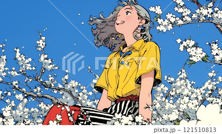 満開の桜の木下を歩く若い女性