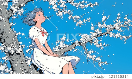 満開の桜の木下を歩く若い女性