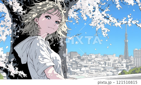 満開の桜の木下を歩く若い女性