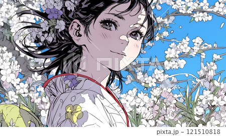 満開の桜の木下を歩く若い女性