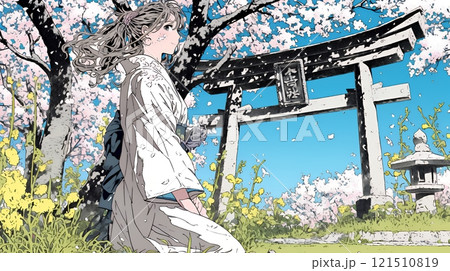 満開の桜の木下を歩く若い女性