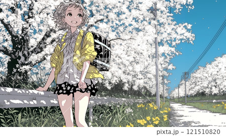満開の桜の木下を歩く若い女性