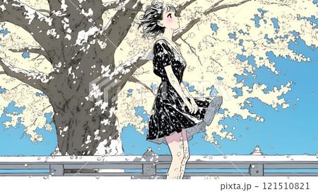 満開の桜の木の下を歩く若い女性