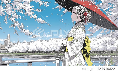 満開の桜の木下を歩く若い女性