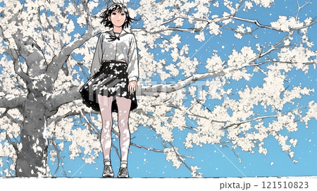 満開の桜の木下を歩く若い女性